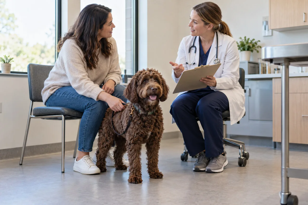 Owner discussing papers with a veterinary professional beside a dog