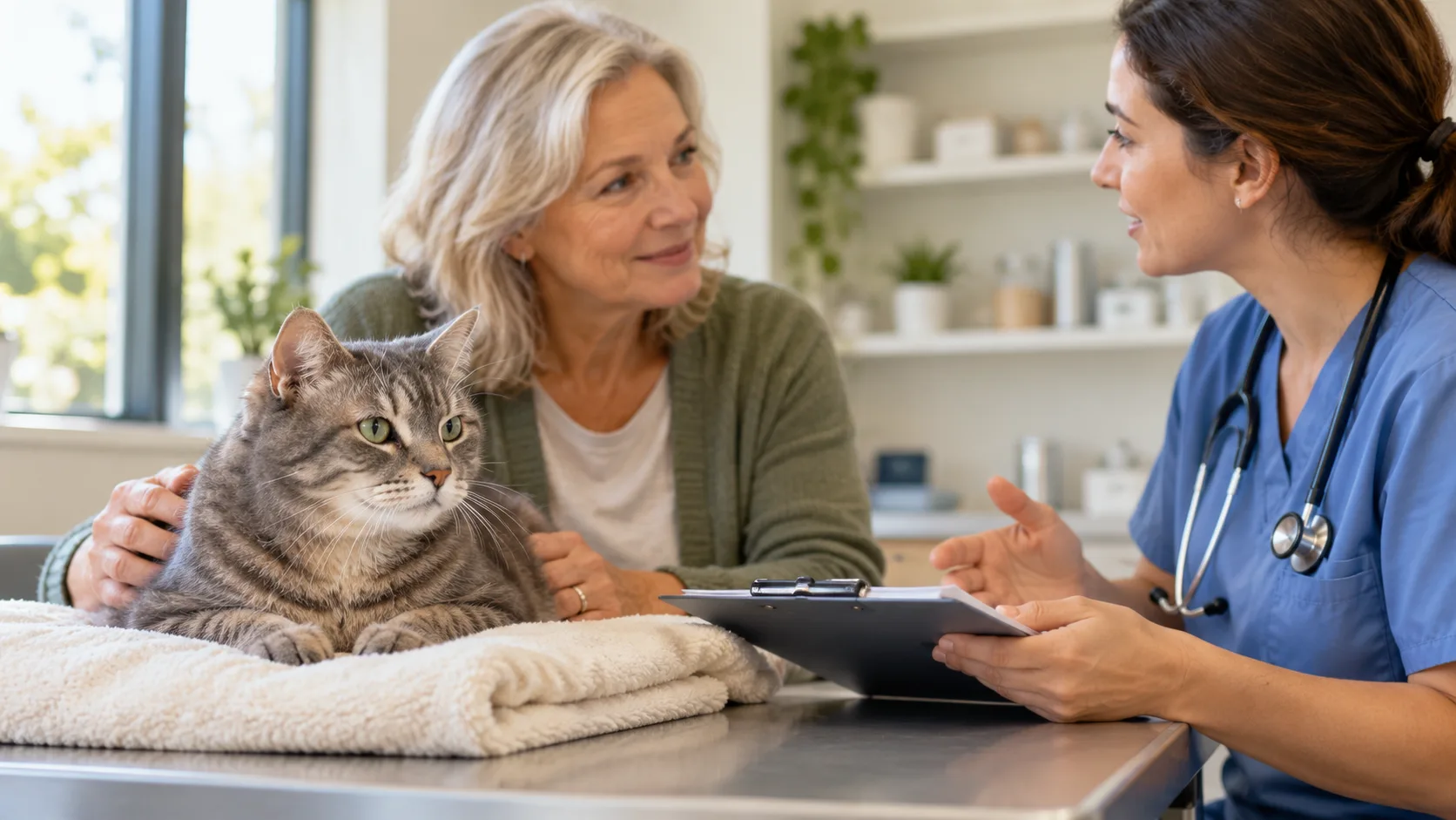 Veterinary professional discussing a cat with its owner